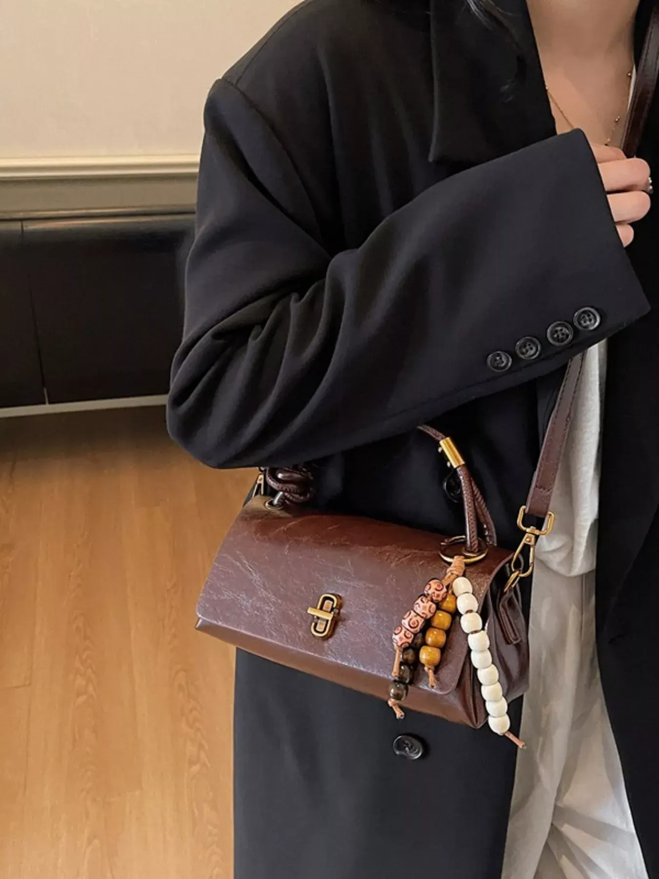 Leather Crossbody Bag with Bead Charm